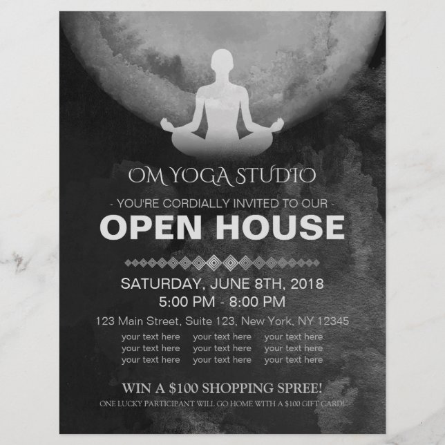 Yoga Instructor B&W Meditation Pose ZEN Open House Flyer (Front)