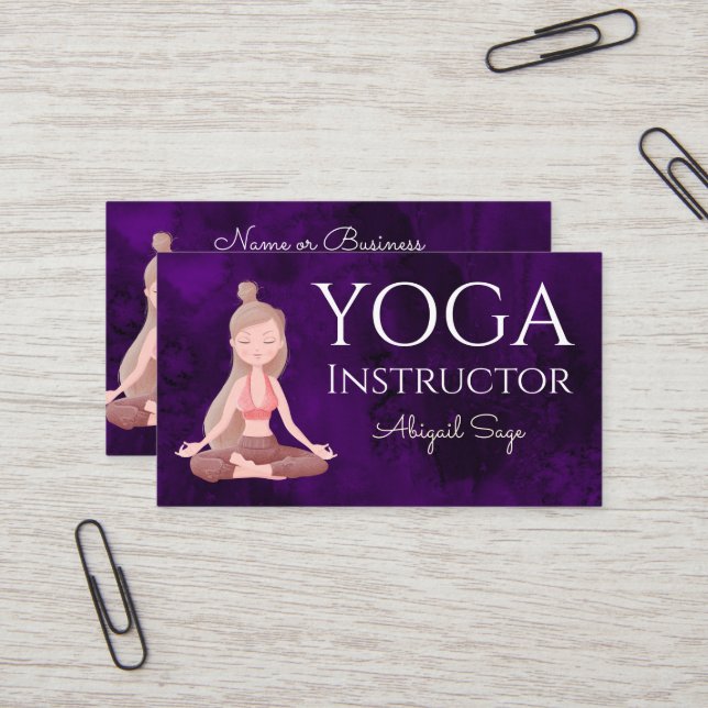 Yoga Instructor Beautiful Purple Meditating Girl Business Card (Front/Back In Situ)
