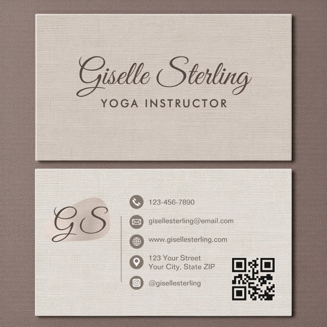 Yoga Instructor Beige Linen Elegant QR Code Business Card (Creator Uploaded)
