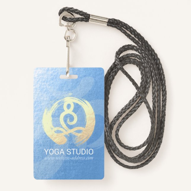 Yoga Instructor Blue & Gold Meditation Pose ZEN OM ID Badge (Front with Lanyard)