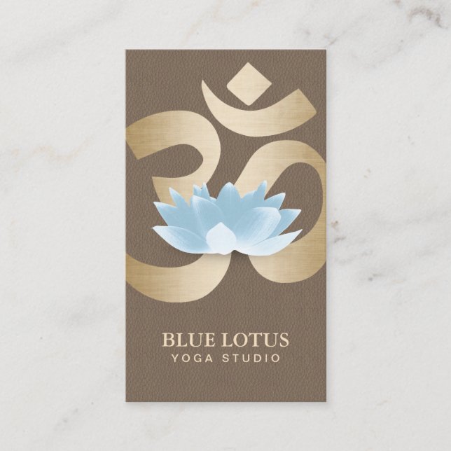 Yoga Instructor Blue Lotus Flower Gold Om Symbol Business Card (Front)
