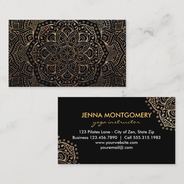 Yoga Instructor | Boho Mandalas Elegant Gold Black Business Card (Front/Back)