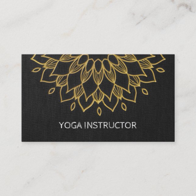 YOGA Instructor Chic Embroidery Black Gold Floral Business Card (Front)