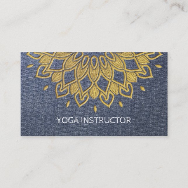 YOGA Instructor Chic Embroidery Blue Gold Floral Business Card (Front)