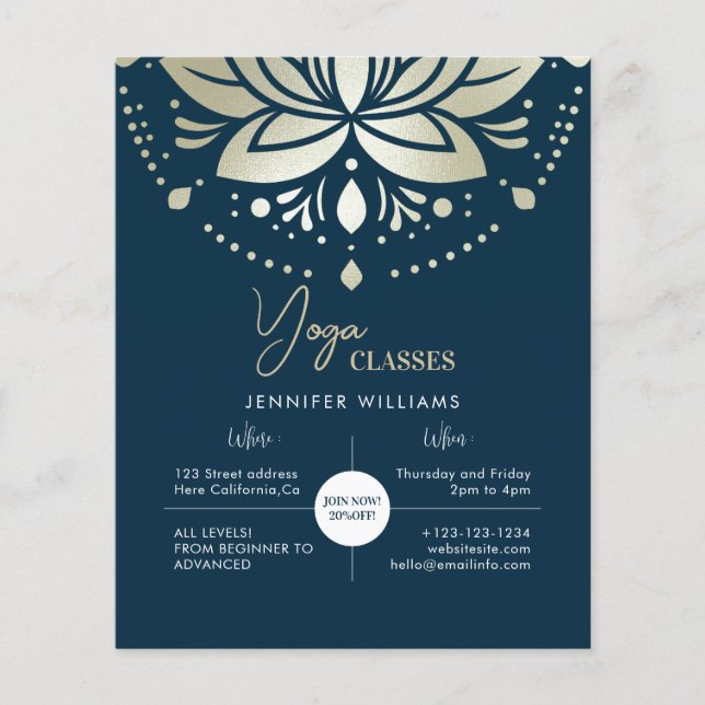 Yoga Instructor Classes Gold Lotus Mandala Flower Flyer (Front)