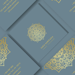 Yoga Instructor Dusty Blue And Gold Mandala   Square Business Card