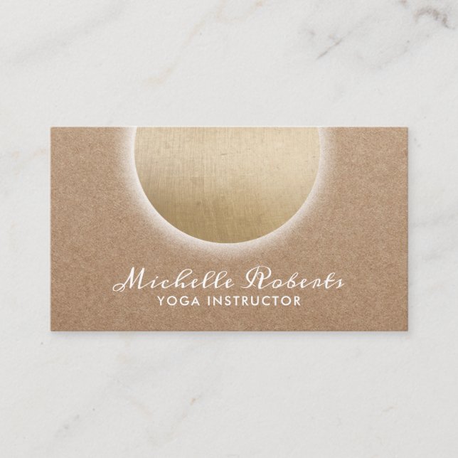Yoga Instructor Glowing Gold Circle Rustic Kraft Business Card (Front)