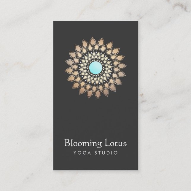 Yoga Instructor Gold and Turquoise Lotus Logo Business Card (Front)