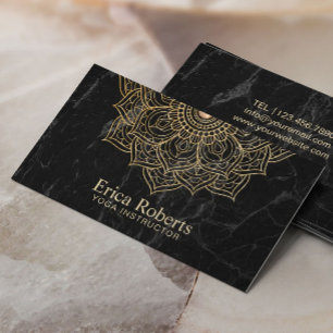 Yoga Instructor Gold Lotus Mandala Black Marble Business Card