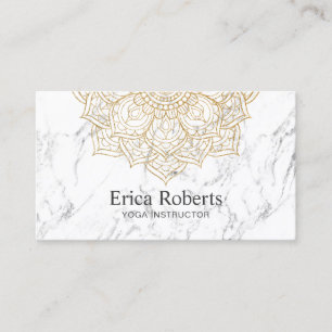 Yoga Instructor Gold Lotus Mandala White Marble Business Card