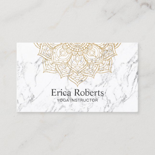 Yoga Instructor Gold Lotus Mandala White Marble Business Card (Front)