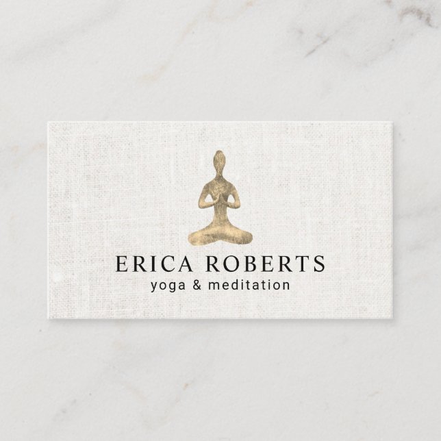 Yoga Instructor Gold Meditation Pose Elegant Linen Business Card (Front)