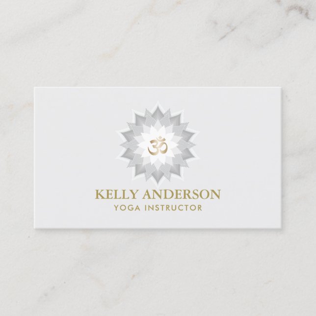 Yoga Instructor Gold Om Symbol White Lotus Flower Business Card (Front)