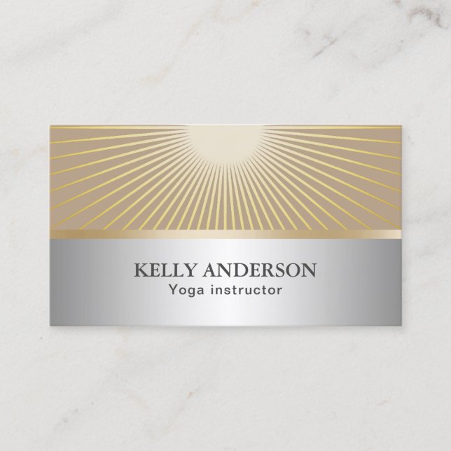 Yoga Instructor Gold Rays Modern Silver Business Card (Front)