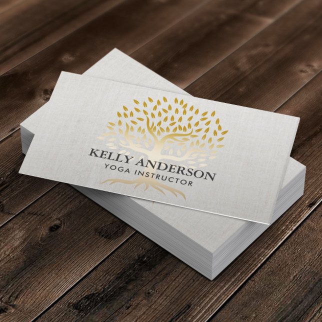Yoga Instructor Gold Tree Elegant Linen Business Card (Creator Uploaded)