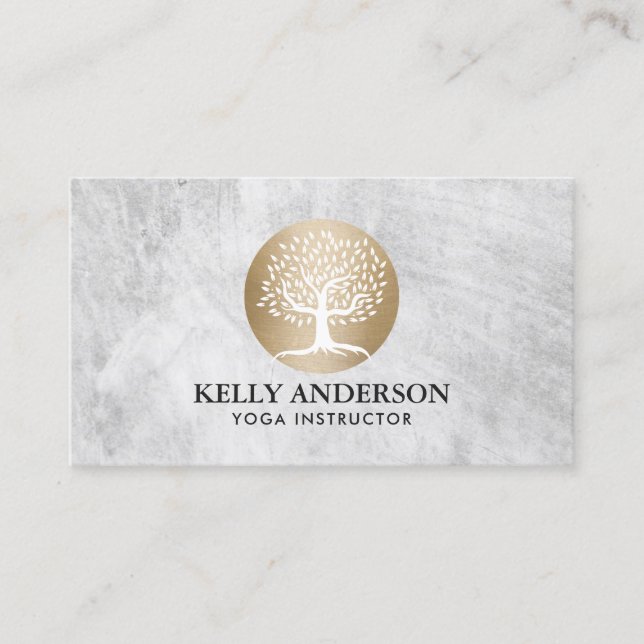Yoga Instructor Gold Tree Logo Pilates Business Card (Front)