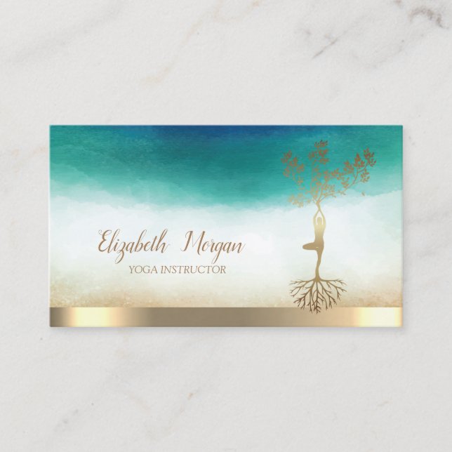 Yoga Instructor Gold Tree Women Silhouette Business Card (Front)