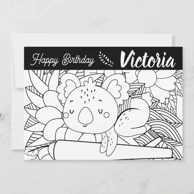 Yoga Instructor Koala Birthday Floral Colouring Holiday Card (Front)