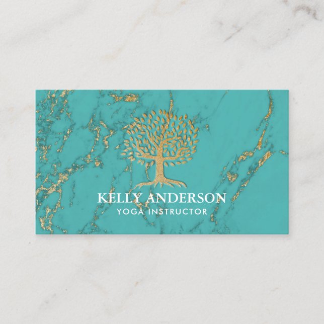 Yoga Instructor Life Coach Gold Tree Turquoise Business Card (Front)