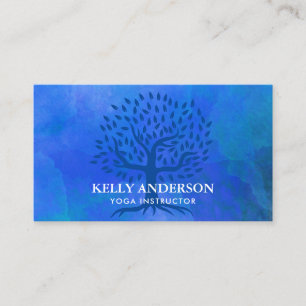 Yoga Instructor Life Tree Elegant Blue Watercolor Business Card