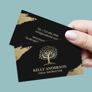 Yoga Instructor Life Tree Modern Gold Stroke Black Business Card