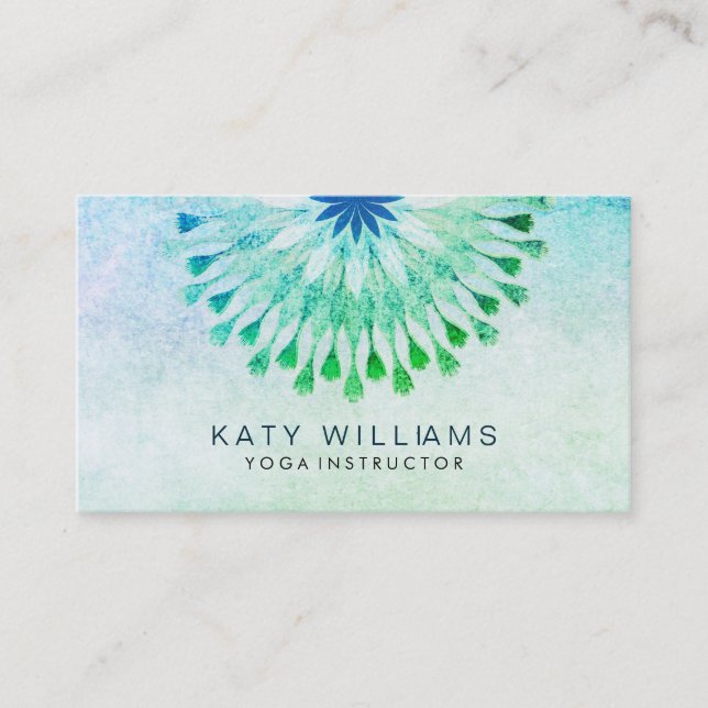 Yoga Instructor Lotus Flower Watercolor Teal Business Card (Front)