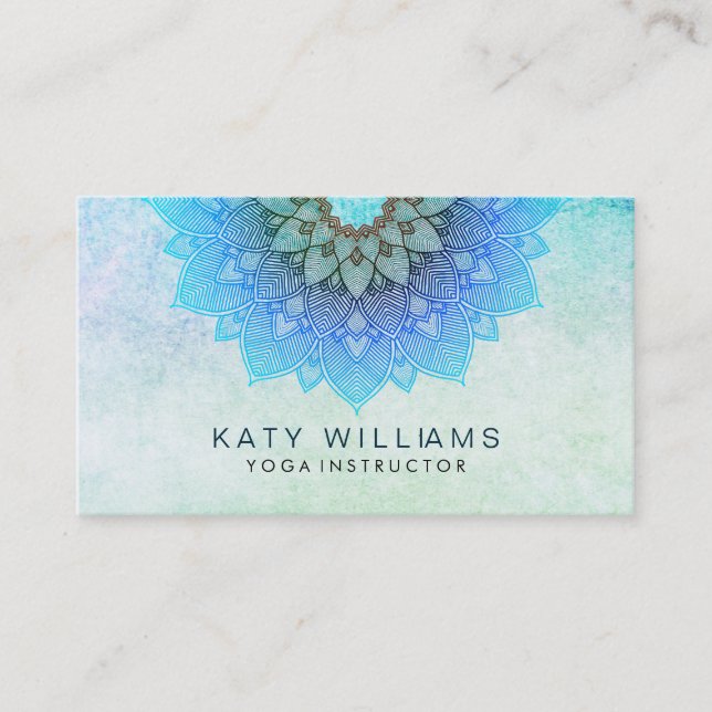 Yoga Instructor Lotus Flower Watercolor Teal Business Card (Front)