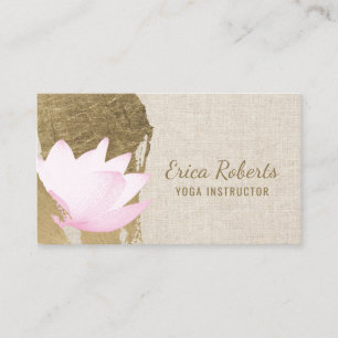 Yoga Instructor Lotus Gold Stroke Elegant Linen Business Card