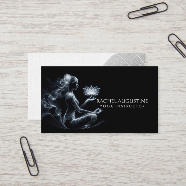 Yoga Instructor Lotus Meditation Pose Glowing Mist Business Card (Front/Back In Situ)