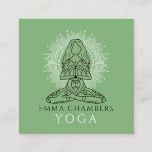 Yoga Instructor Lotus Pose White Mandala Green Square Business Card