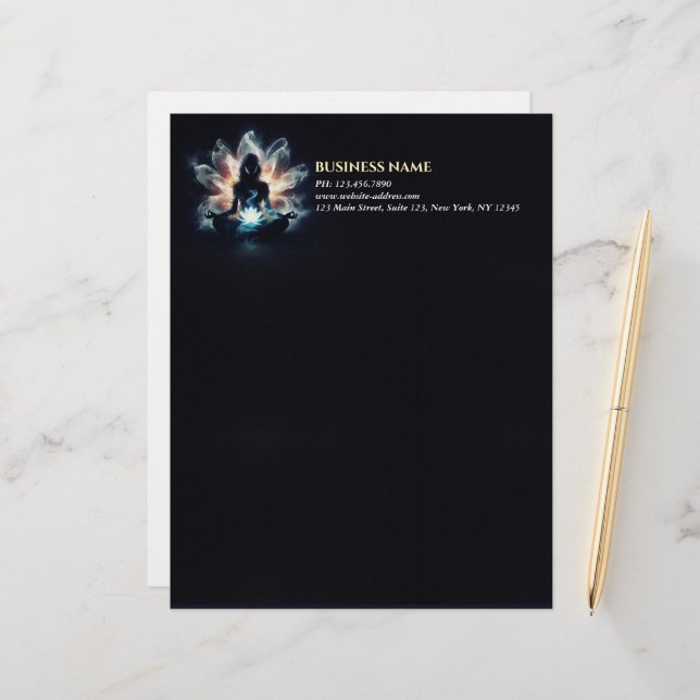Yoga Instructor Meditation Pose Glowing Mist Lotus Custom Letterhead (Front/Back In Situ)