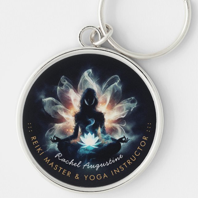 Yoga Instructor Meditation Pose Glowing Mist Lotus Key Ring (Front)