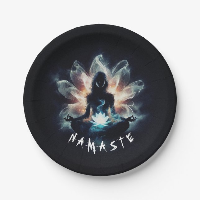 Yoga Instructor Meditation Pose Glowing Mist Lotus Paper Plate (Front)
