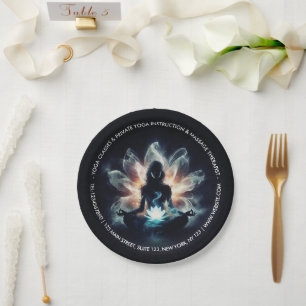 Yoga Instructor Meditation Pose Glowing Mist Lotus Paper Plate