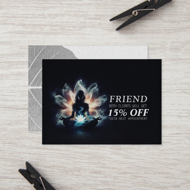 Yoga Instructor Meditation Pose Glowing Mist Lotus Referral Card (Front/Back In Situ)