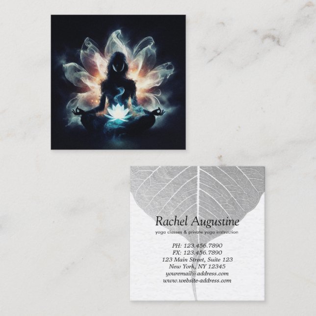 Yoga Instructor Meditation Pose Glowing Mist Lotus Square Business Card (Front/Back)