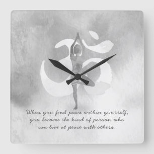 YOGA Instructor Meditation Tree Pose Om Sign Quote Square Wall Clock