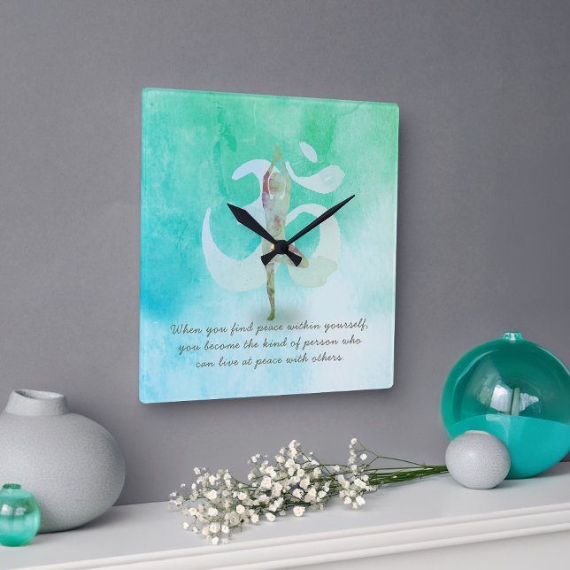 YOGA Instructor Meditation Tree Pose Om Sign Quote Square Wall Clock (Creator Uploaded)