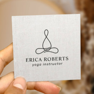 Yoga Instructor Minimalist Line Logo Elegant Linen Square Business Card