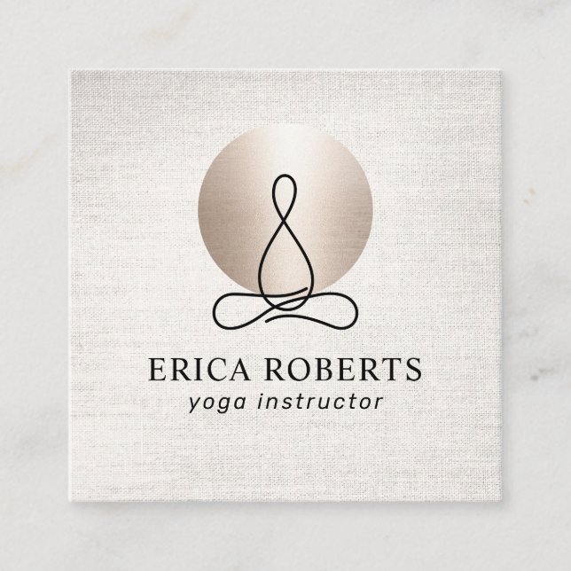 Yoga Instructor Modern Gold Circle Elegant Linen Square Business Card (Front)