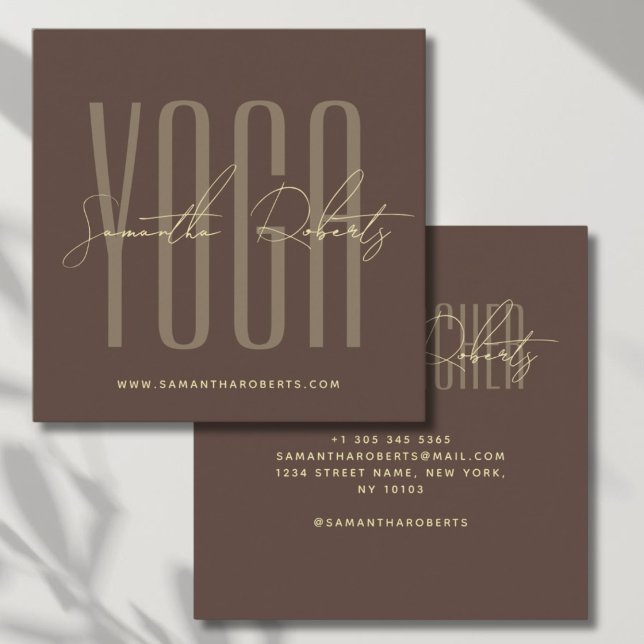 Yoga instructor modern typography script brown  square business card (Creator Uploaded)