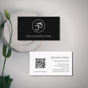 Yoga Instructor Om Symbol QR code Black White  Business Card