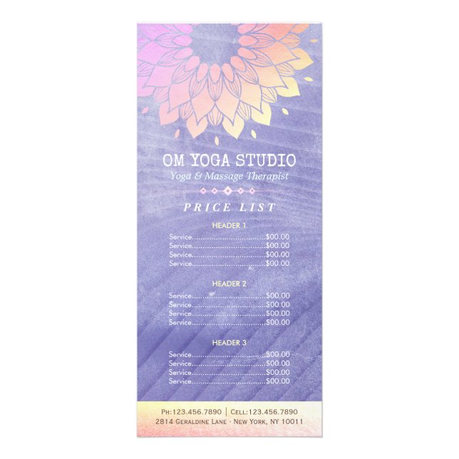 YOGA Instructor Price List Gold Mandala Rack Card (Front)
