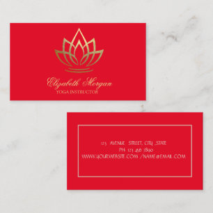 Yoga Instructor,Red, Gold Lotus Business Card
