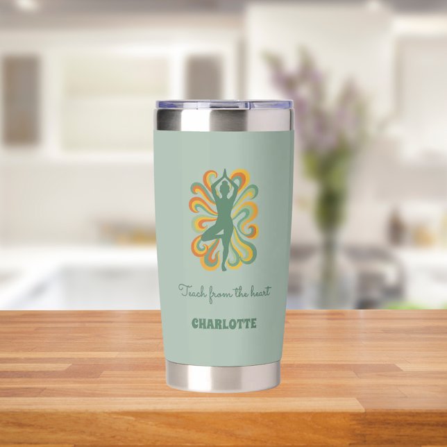 Yoga instructor retro swirls name quote sage green insulated tumbler (Creator Uploaded)