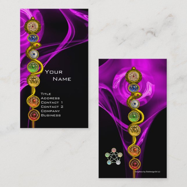 YOGA INSTRUCTOR ROD OF ASCLEPIUS,7 CHAKRAS, Pink Business Card (Front/Back)