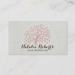 Yoga Instructor Rose Gold Tree Elegant Linen Business Card