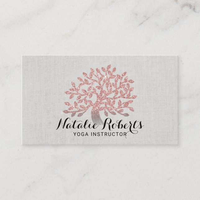 Yoga Instructor Rose Gold Tree Elegant Linen Business Card (Front)