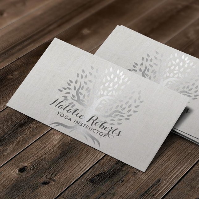 Yoga Instructor Silver Tree Elegant Linen Business Card (Creator Uploaded)
