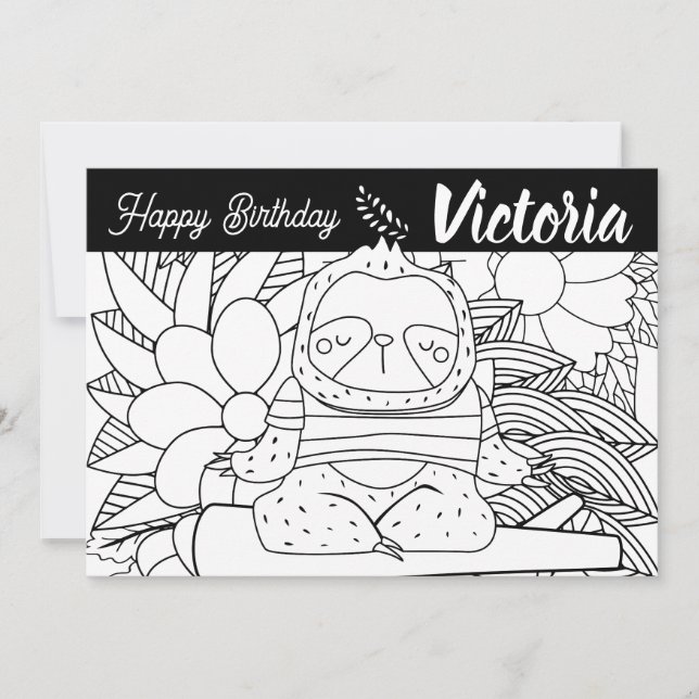 Yoga Instructor Sloth Birthday Floral Colouring Holiday Card (Front)